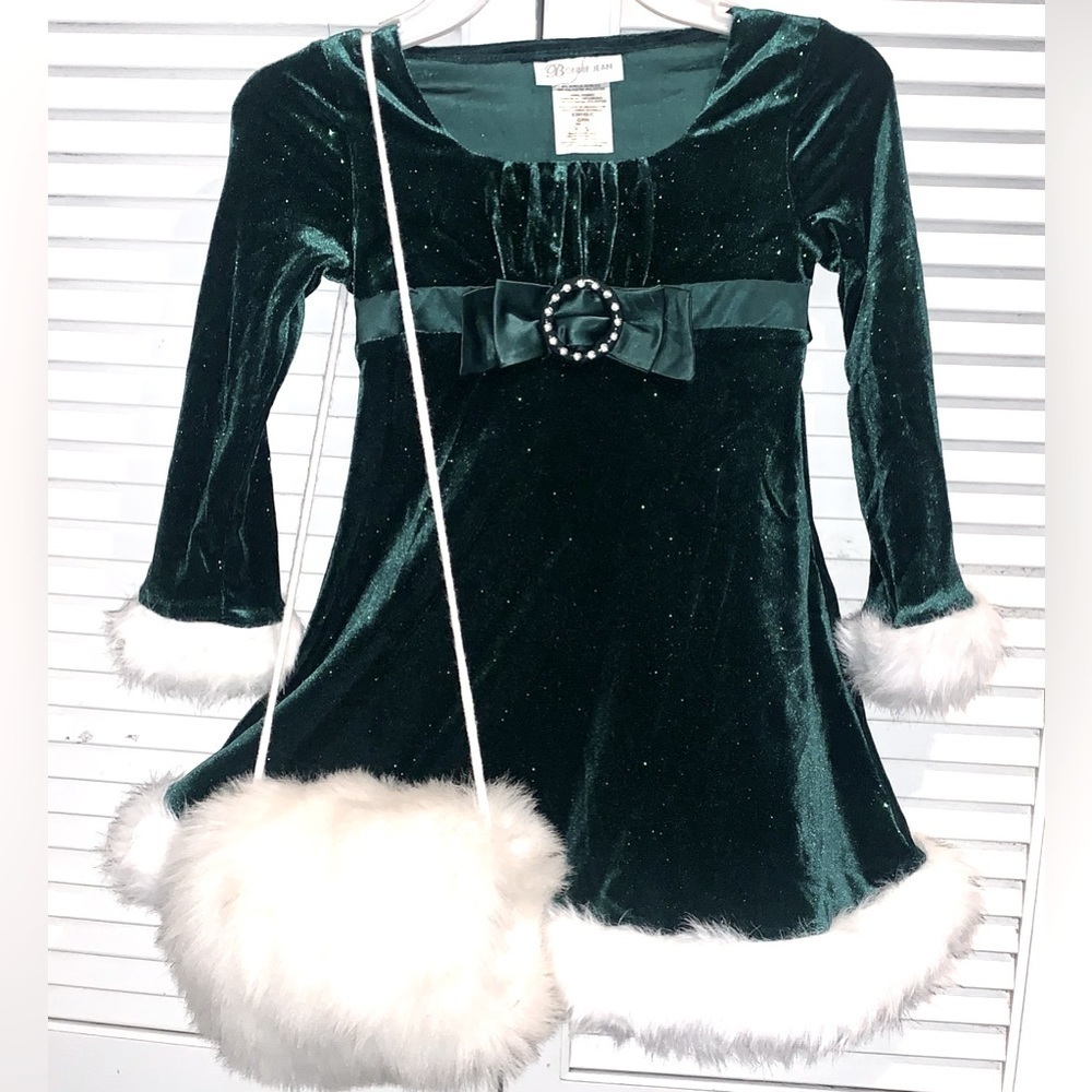 Bonnie Jean Girls Green Holiday dress with white muff Size 5